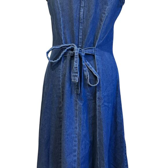 Vintage 90s Denim Maxi Dress Lace Neckline A-Line Tie Back Styleworks Sz 10 - Picture 13 of 16